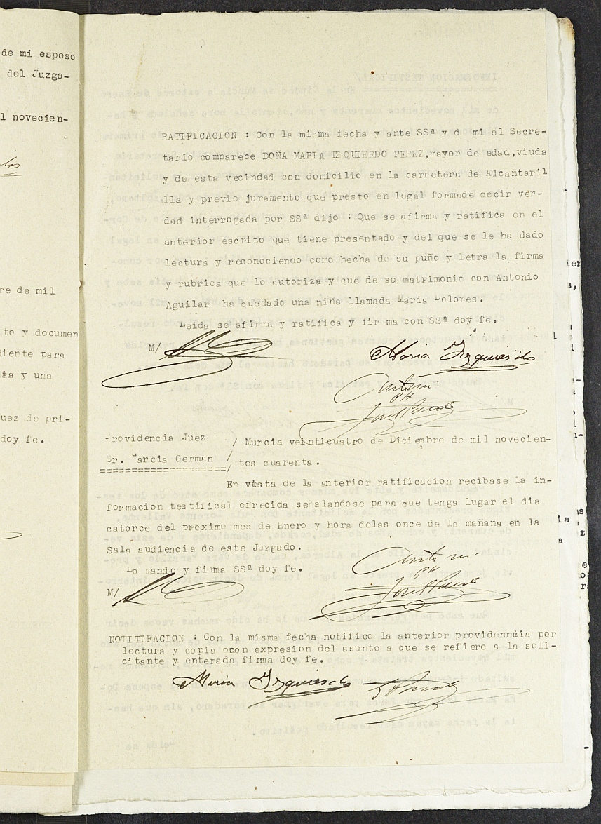 Expediente nº 108/1940 del Juzgado de Primera Instancia de Murcia para la inscripción en el Registro Civil por la defunción en el frente de Antonio Aguilar García.